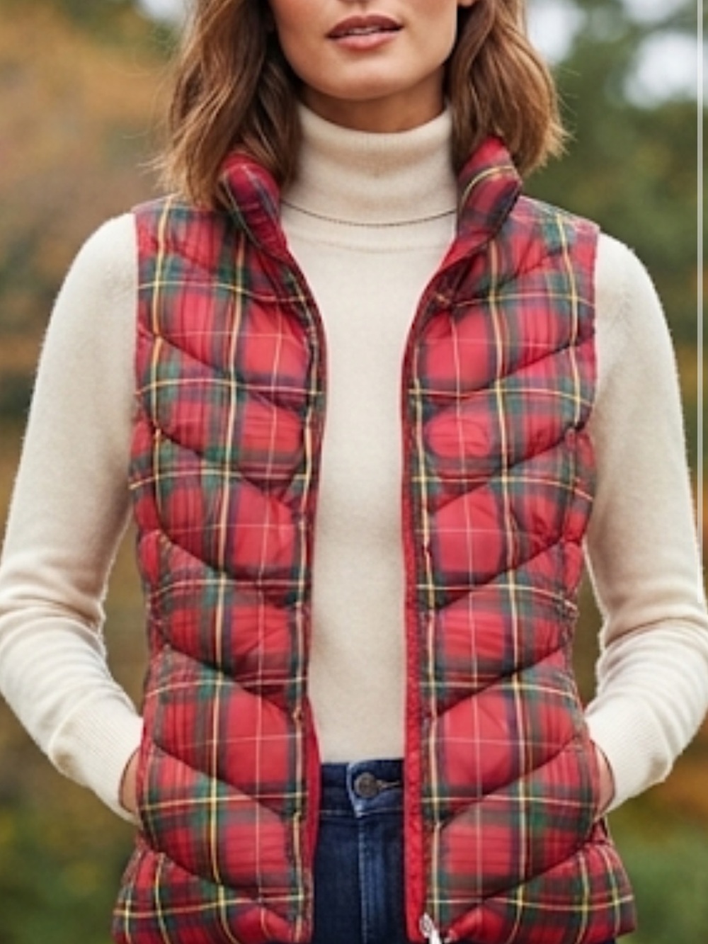 Lands’ End Down Puffer Vest Red Tartan Plaid Holiday Quilted